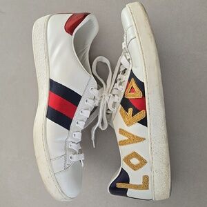 Gucci White Leather Ace Loved Print Low Top Lace-Up Sneakers Size 7